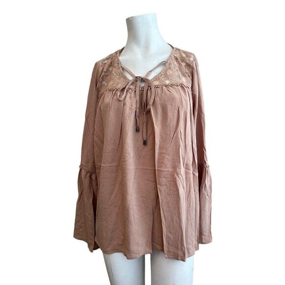 Doe & Rae Large Long Sleeve Blouse Lace Dusty Rose Blush Tunic Lightweight NWT - Picture 1 of 5